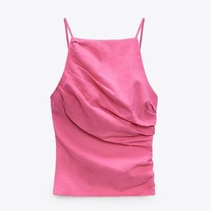 Zara linen blend halter top in fuchsia